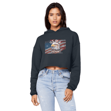 U.S. of A Cropped Raw Edge Boyfriend Hoodie Patriotic Eagle Graphic - Encore2woNavyXS
