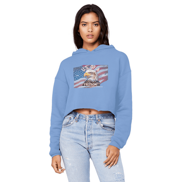U.S. of A Cropped Raw Edge Boyfriend Hoodie Patriotic Eagle Graphic - Encore2woLight BlueXS