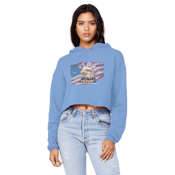 U.S. of A Cropped Raw Edge Boyfriend Hoodie Patriotic Eagle Graphic - Encore2woLight BlueXS