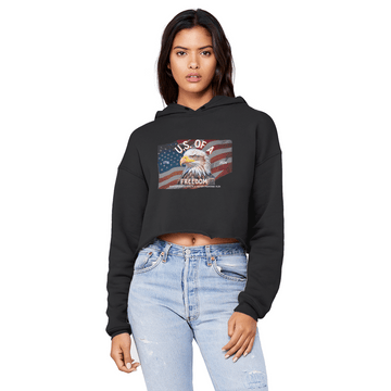 U.S. of A Cropped Raw Edge Boyfriend Hoodie Patriotic Eagle Graphic - Encore2woBlackXS