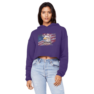 U.S. of A Cropped Raw Edge Boyfriend Hoodie Patriotic Eagle Graphic - Encore2woPurpleXS