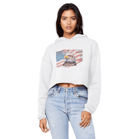 U.S. of A Cropped Raw Edge Boyfriend Hoodie Patriotic Eagle Graphic - Encore2woWhiteXS
