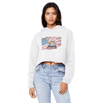 U.S. of A Cropped Raw Edge Boyfriend Hoodie Patriotic Eagle Graphic - Encore2woWhiteXS