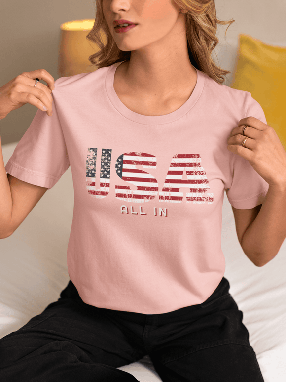 USA All In Patriotic Flag Graphic Tee American Pride Shirt - Encore2woArmyS