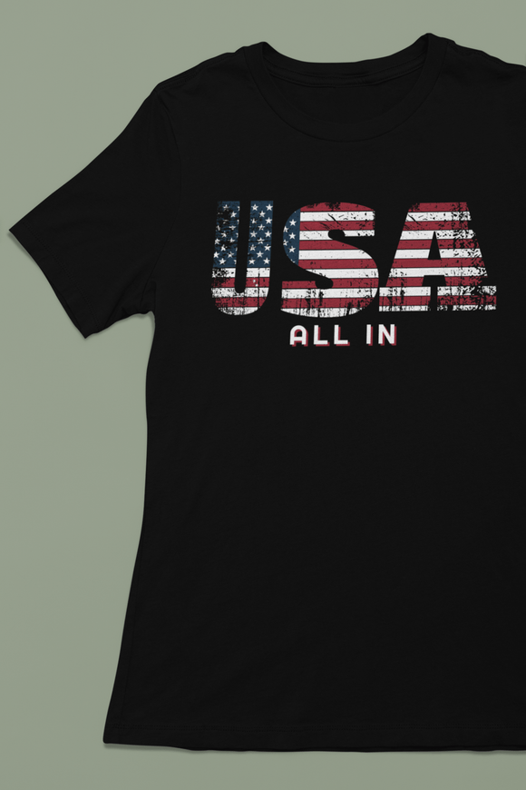 USA All In T-Shirt - Patriotic American Flag Design with Bold Lettering - Encore2woPinkS