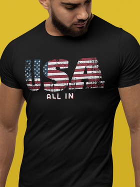 USA All In T-Shirt - Patriotic American Flag Design with Bold Lettering - Encore2woArmyS