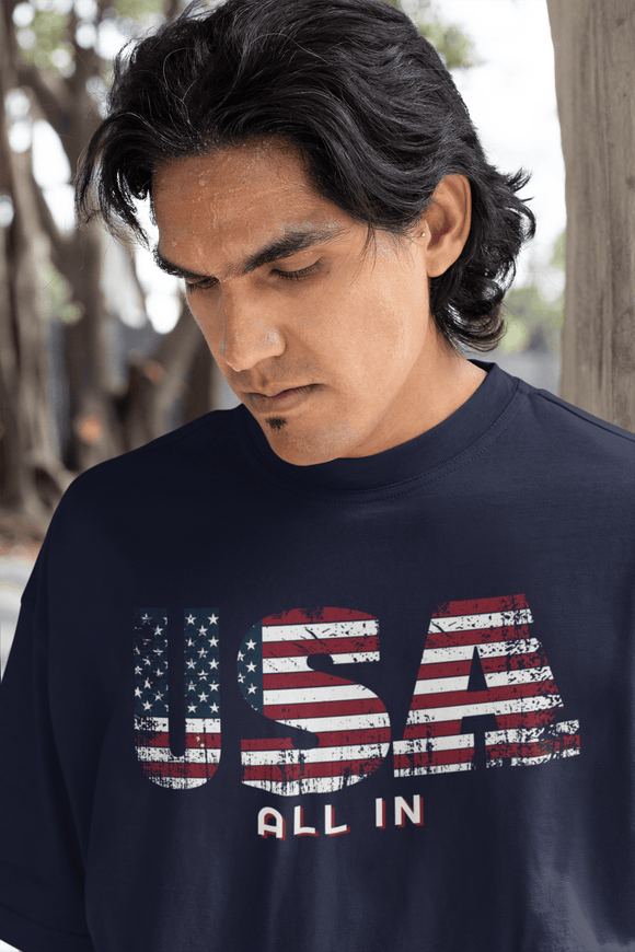 USA All In T-Shirt - Patriotic American Flag Design with Bold Lettering - Encore2woPinkS