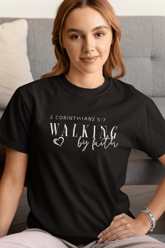 Walking by Faith Inspirational Christian Graphic Tee - Encore2woBlackS