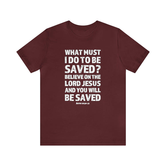 What Must I Do Acts 16:30 - 31 Scripture Tee Faith & Salvation T-Shirt - Encore2woMaroonS