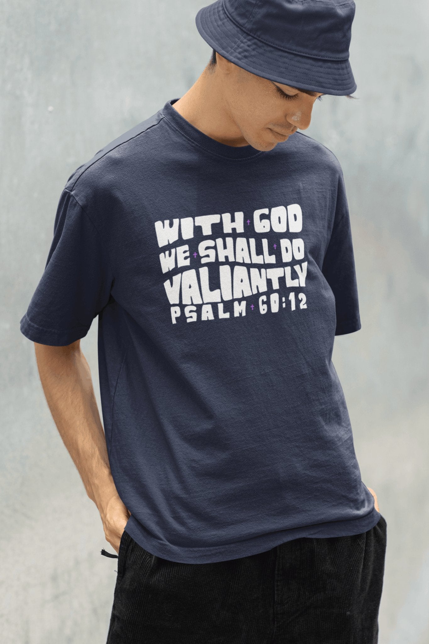 With God We Shall Do Valiantly T - Shirt Retro Psalms 60:12 Bible Tee - Encore2woBlackS