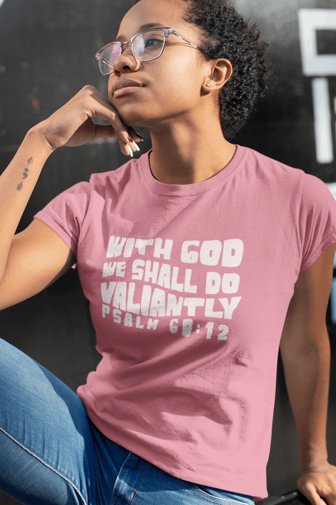 With God We Shall Do Valiantly T - Shirt Retro Psalms 60:12 Bible Tee - Encore2woBlackS