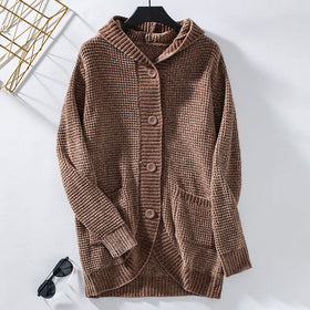 Women's Hooded Knitwear Loose Mid - Length Sweater - Cozy and Stylish - Encore2woBrownL