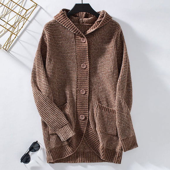 Women's Hooded Knitwear Loose Mid - Length Sweater - Cozy and Stylish - Encore2woBrownL