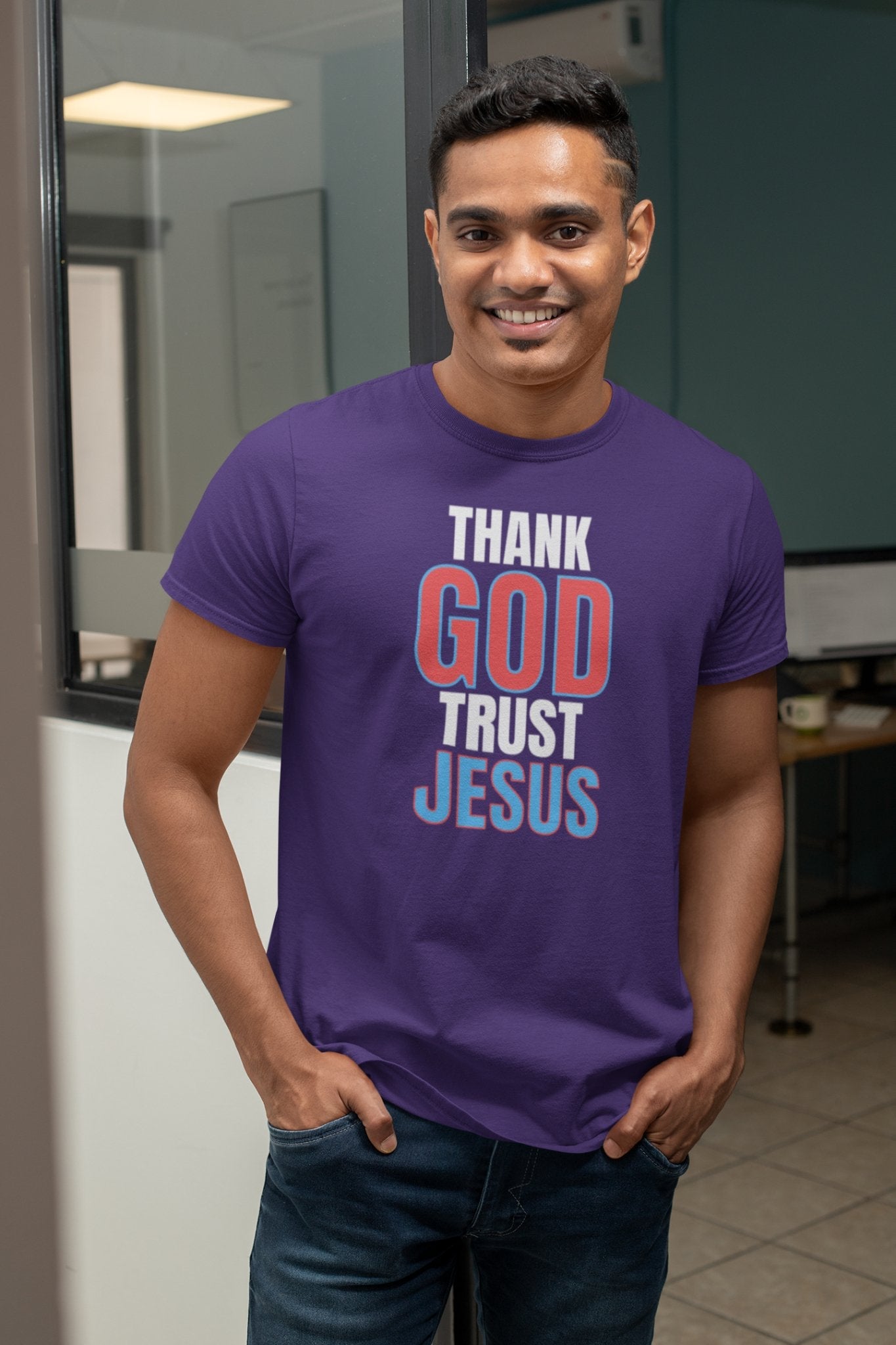 Thank God, Trust Jesus T-Shirt Faith-Inspired Tee Bold Design - Encore2woTeam PurpleS